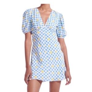 Staud size 6 blue check and daisy mini dress with puff sleeves